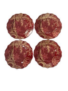 222 Fifth Joyeux Noel Gold Salad Plates Set of 4 Red Eiffel Tower Christmas 8.25
